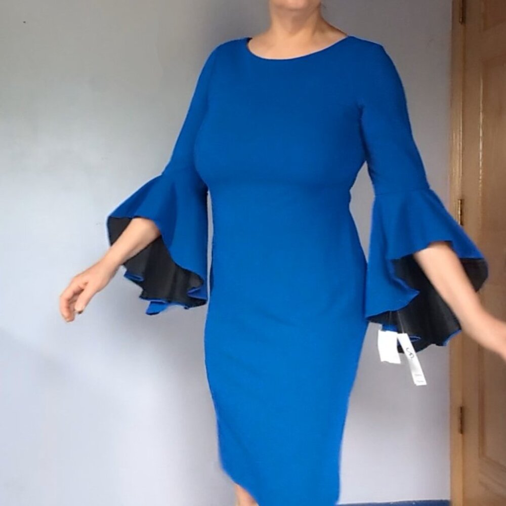 Curvy Cobalt Blue dress w/ robust tiered bell sleeves - Picture 3 of 5
